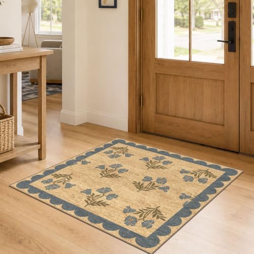 3x3 Square Floral Entry Rug, Front Door Mat Indoor Outside Entrance by Othilic