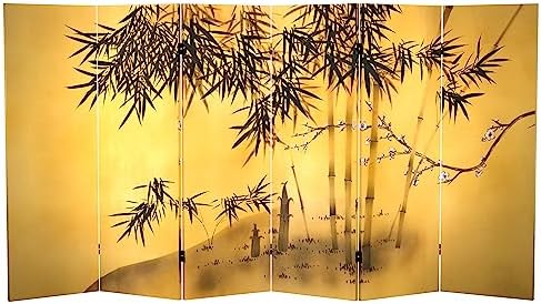 Red Lantern 4 ft. Short Double Sided Bamboo Tree Canvas Folding Screen 6 Panel Freestanding Partition and Separator for Modern and Contemporary Bedroom, Home Office, Studio, Dorm, Apartment by RedLantern