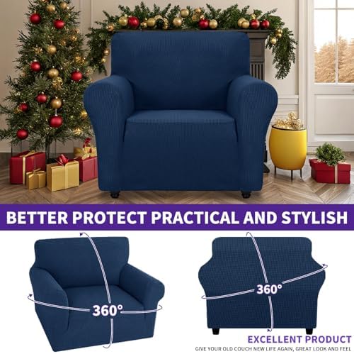 ZNSAYOTX Super Stretch Chair Slipcover Universal Sofa Chair Covers for Living Room Dogs Pet Furniture Protector Spandex Armchair Slipcovers with Anti Slip Foam Sticks (Navy Blue, Chair) - Image 2