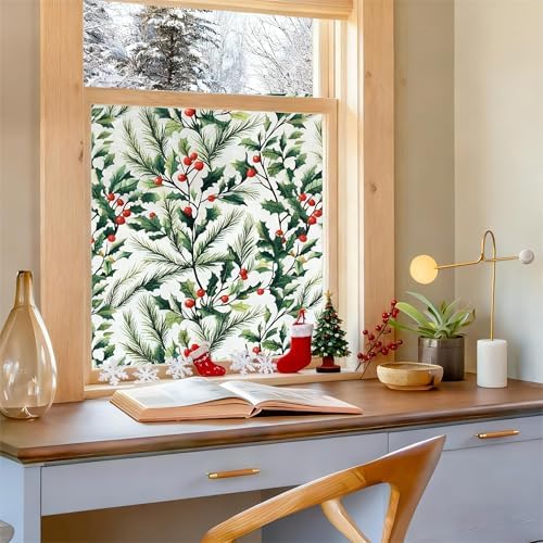 Bloss Frosted Glass Window Privacy Film,Christmas Stained Glass Windows Clings,Decorative Bathroom Window Stickers,Non-Adhesive Windows Sticker for Home/Office (17.5 x 118 inches) by Bloss