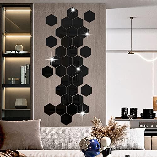 RW-103 36 PCS Acrylic Mirror Wall Stickers Hexagon Mirror Wall Decals DIY Removable 3D Geometric Hexagon Mirror Art Setting Wall Decor for Bedroom Living Room Office Kitchen Home Decoration (Black) - Image 6
