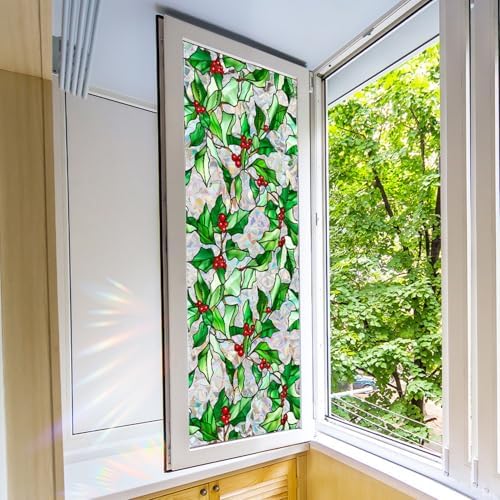 Christmas Window Film Christmas Green Window Clings DIY Glass Art Decoration Xmas Red Berry Designs Privacy Film Stained Glass Window Film Windows Sticker for Holiday Bedroom Door Decor - Image 7