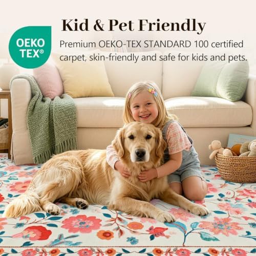 9x12 Ft Washable Area Rug for Living Room Beige Vintage Floral Carpet - Image 5