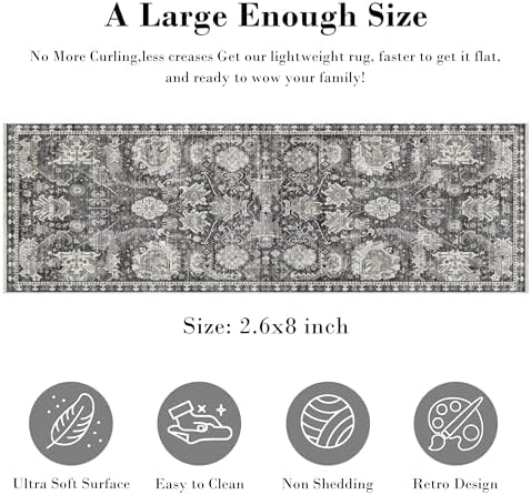 RUGSURE Washable Area Rugs - Perfect for Living Room, Bedroom, Kids Room, Nursery - Stain & Water Resistant Non-Slip, Pet & Child Friendly, Vintage Tribal Area Rugs (Grey, 2'6'' x 8') - Image 2