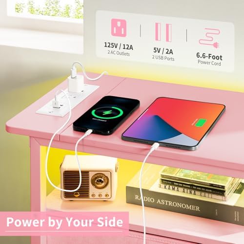 Yoobure End Table with Charging Station, Pink Narrow Nightstand LED Bedside Table, Small Night Stand End Tables Living Room, Skinny Nightstand with 3 Fabric Drawers, Side Table for Small Spaces - Image 5