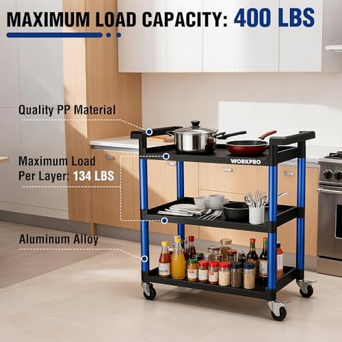 WORKPRO 3-Tier Service Utility Cart, 400LBS Plastic Rolling Cart with Handles & Lockable Wheels, Heavy Duty Storage Cart for Restaurant, Kitchen, Office, Garage, Warehouse - Image 3