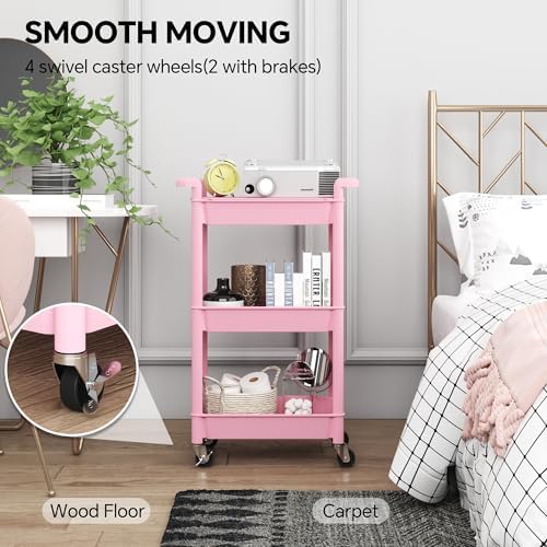 Steehoom 3-Tier Utility Rolling Cart with Cover Top Board, Mobile Utility Cart with Lockable Casters Multi-Functional Storage Trolley for Office, Bathroom, Kitchen, Garden, Laundry Room (Pink) - Image 6