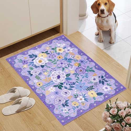 DUKINO 2x3 Entryway Rug, Floral Door Mat Soft Washable Rug Non Slip, Purple - Image 3