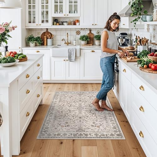 3x4 Entryway Rug Washable Non-Slip–Boho Floral Stain-Resistant Small Area Rug for Kitchen Bedroom Bathroom – Soft Low-Pile Thin Indoor Door Mat (Beige,3x4) - Image 3