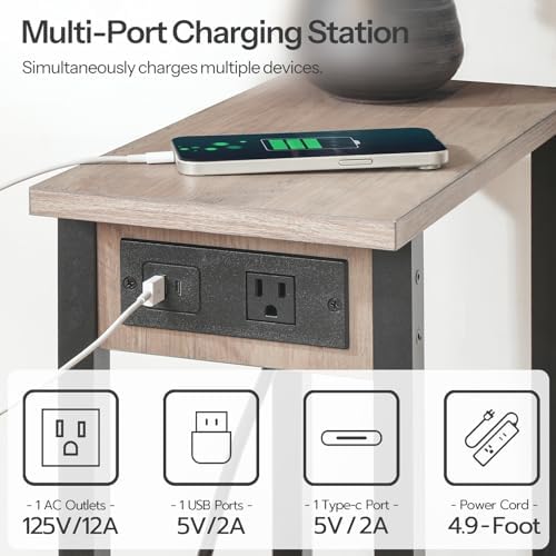 HOOBRO Narrow Side Table, 2-Tier Slim End Table with Charging Station, Skinny Nightstand with Open Storage, for Small Spaces, Living Room, Bedroom, Study, Greige and Black BG240UBZ01 - Image 6