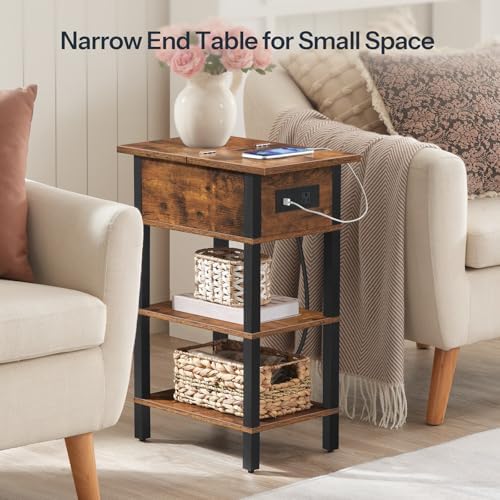 HOOBRO End Table with Charging Station, Flip Top Side Table with USB Ports, Narrow Nightstand Bedside Tables with Storage Shelves, for Small Space, Living Room, Rustic Brown and Black BF141UBZ01 - Image 4