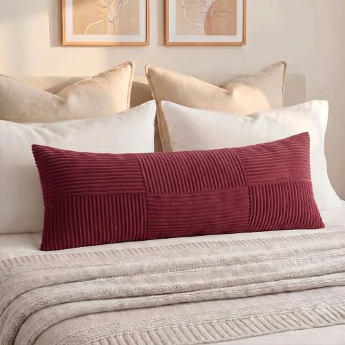Fancy Homi Set of 2 Burgundy Boho Long Lumbar Body Decorative Throw Pillow Cover 14x36 Inch for Bed Couch Bedroom Bench, Soft Patchwork Corduroy Textured Pillow Case, Rustic Farmhouse Room Décor - Image 7