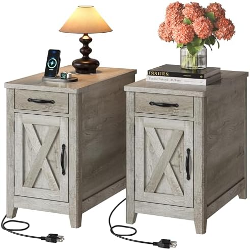IRONCK End Tables Set of 2 Narrow Side Table with Charging Station by IRONCK