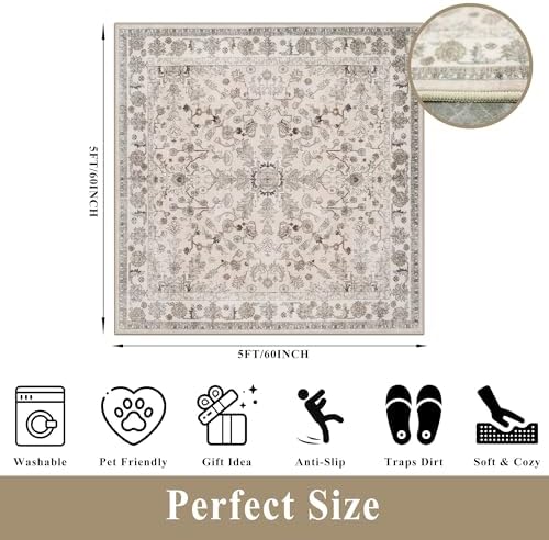 5x5 Square Washable Rug for Living Room: Non Slip Indoor Entryway Foot Carpet for Kitchen, Boho Soft Beige 5ftx5ft Low Pile Neutral Area Rug for Dining Room Bathroom (Beige, 5x5) - Image 2