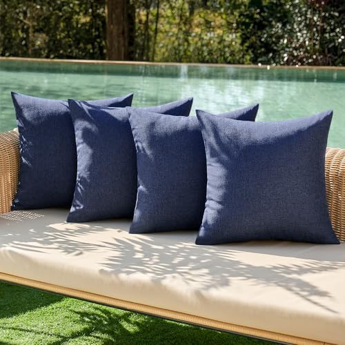 MIULEE Pack of 4 Decorative Outdoor Throw Pillow Covers Linen Waterproof Pillow Covers Summer Farmhouse Cushion Cases for Patio Garden Tent Balcony Couch Sofa 16x16 Inch Navy by MIULEE