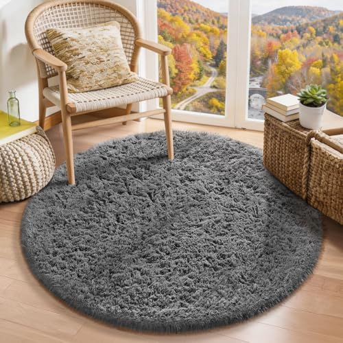 Ophanie Round Rugs 3Ft Grey Circle Area Rug,Christmas Room Decor, Aesthetic Nursery Bedroom Carpet, Fluffy Fuzzy Plush Soft Shaggy Gray Living Room Rugs for Kids Boys Girls Teen Baby Home, Dorm by Ophanie
