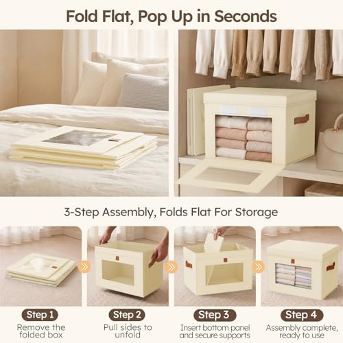 Homsorout Storage Bins with Lids - Front Opening Storage Box with Clear Window & Handles, Stackable Foldable Fabric Bins for Closet Organization, Clothes, Sweaters, Towels, Blankets, 4 Pack, Beige - Image 5