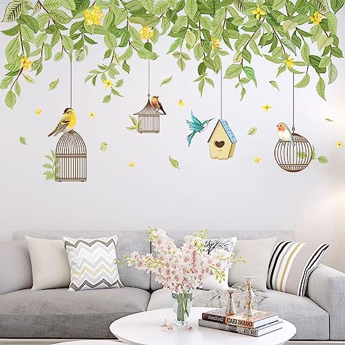 Hanging Green Vine Wall Decals,Succulent Plants Wisteria Floral Flowers Butterflies Birds Wall Stickers, Self-Adhesive Vinyl Removable Living Room Sofa TV Wall Decor by ZARROUEA