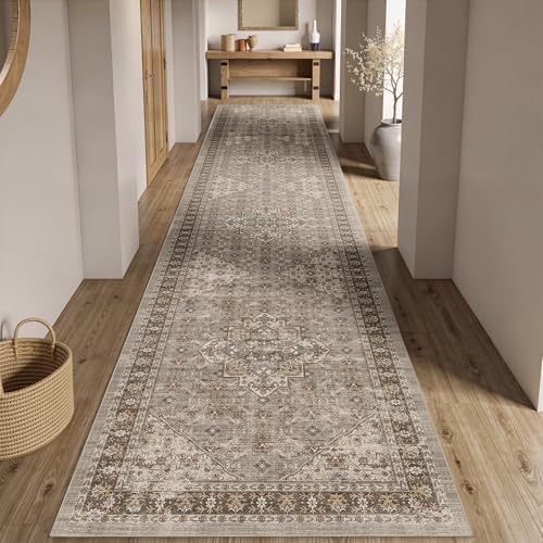 Washable 2'6x12 Entryway Runner Rugs, Vintage Non-Slip Low Pile Rugs Brown by Winslssol