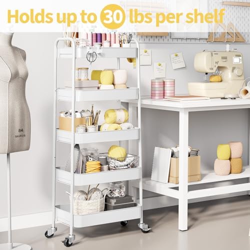 TOOLF 5-Tier Metal Rolling Cart with Wheels, Storage Utility Organizer Cart for Kitchen, Bathroom, Office, Baby Essentials & Makeup - Lockable Casters, Easy Assembly, Large Capacity, White - Image 2