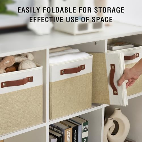 Bagnizer Collapsible Fabric Storage Cube Bins with 2 Reinforced PU Handles, Foldable Storage Organizer Baskets for Closet, Shelves, Living Room | 11"x11"x11", 4 Pack, Beige & White - Image 4