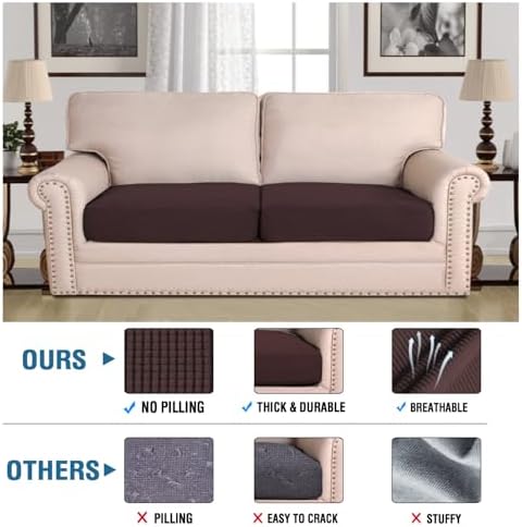 H.VERSAILTEX Super Stretch Individual Seat Cushion Covers - Thick Jacquard Textured Twill Fabric (2 Piece Large Sofa Cushion Covers, Chocolate) - Image 2