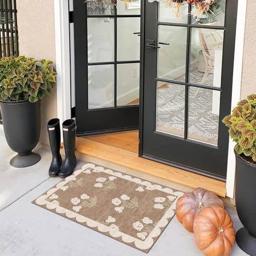 Front Door Mat Outside Entrance - 2x3 Floral Non-Slip Washable Doormat Indoor Outdoor Mat Tan Neutral Farmhouse Scalloped Entry Rug Small Throw Rugs for Entryway Kitchen Front Porch Decor - Image 5
