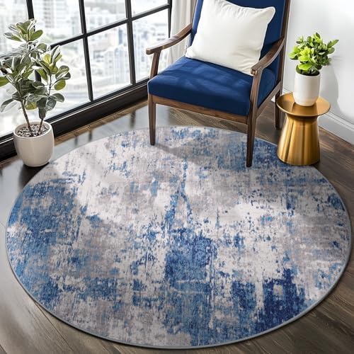 RELEANY Washable Round 8ft Area Rug for Living Room Blue Gray - Image 6