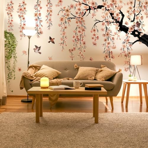 Cherry Blossom Tree Wall Decals with Birds, Large Removable Peel and Stick Flower Wall Stickers for Girls Room, Bedroom, Living Room Decor, 61.81 x 50.39 Inch, 4 Sheets (Apricot) by Unknown