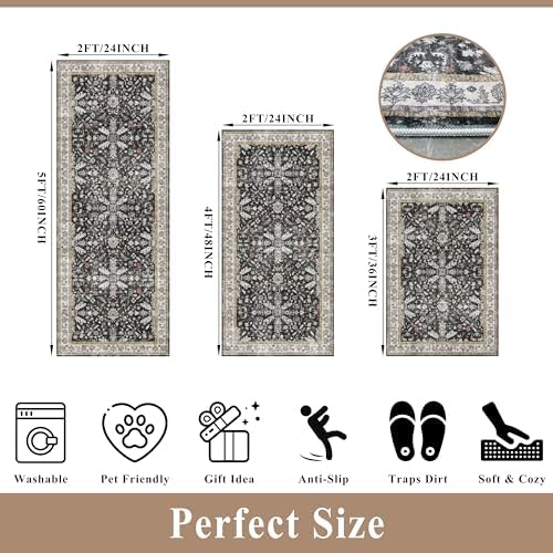 3-Piece Washable Kitchen Rug Set of 3 with Runner – Non-Slip Boho Kitchen Mats for Hardwood Floor, Sink & Entryway & Bathroom, Home Decor (Black,2x3+2x4+2x5) - Image 2