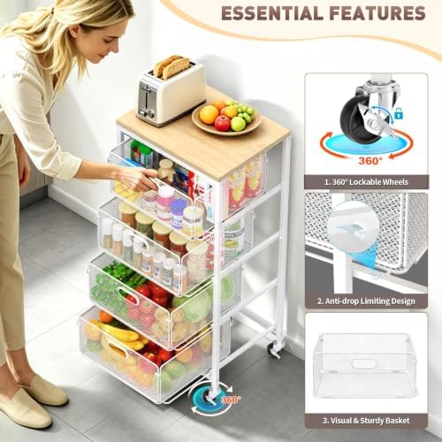 SUNALLY Kitchen Storage Cart with Drawers,Metal Snack Cart Organizer,White - Image 4