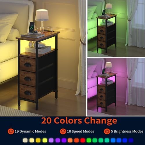shtmec Narrow End Table Set of 2 with Charging Station, LED Side Tables Set 2 with Fabric Drawers, Small Bedside Tables Nightstands for Small Space, Slim Sofa Couch Table for Livingroom,Rustic Brown - Image 6