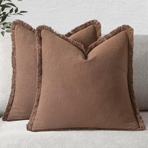 MIULEE Linen Fringe Decorative Fall Euro Pillow Covers Dark Coffee 22x22 by MIULEE