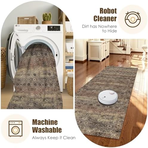 Washable Area Rug 2'6'' x 8' Vintage Traditional Persian Mat - Foldable Distressed Non-Slip Machine Washable Carpet for Living Room Bedroom Kitchen Home Decor - Umber and Slate - Image 7
