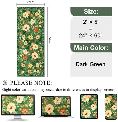 DUKINO 2x5 Runner Rug, Floral Washable Rug for Kitchen Non Slip, Dark Green - Image 2