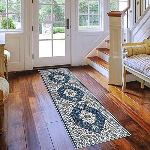 Hallway Washable Runner Rug - 2x7 Kitchen Rugs Entryway Rug Runner Vintage Soft Floor Mat Non Slip Indoor Farmhouse Carpet for Bathroom Living Room Bedroom (2 X 7, Blue) - Image 6