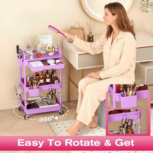 Goovilla Rolling Makeup Organizer Cart with Removable Drawer, 3 Tier Purple - Image 5