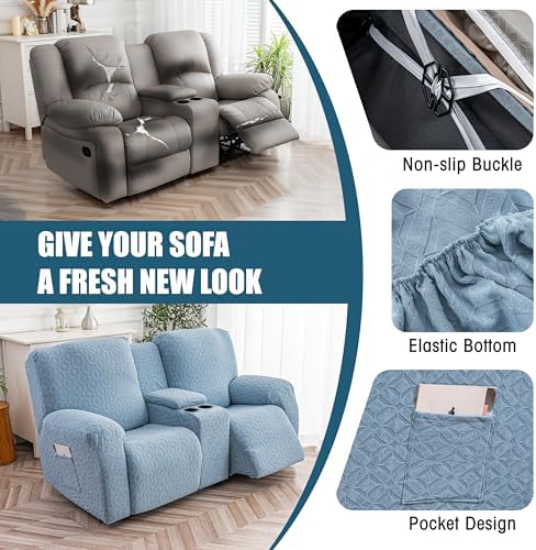 Genina Waterproof Recliner Loveseat Cover,2 Seat with Console,Light Blue - Image 5