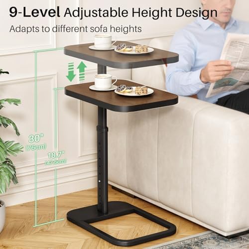 Kitstorack Adjustable Height C-Shaped End Table, 9-Level Side Table with Thickened Metal Rounded Edge, Couch Table Slides Under Sofa or Bed, Eating, Working, TV Tray Table for Small Spaces, Espresso - Image 3