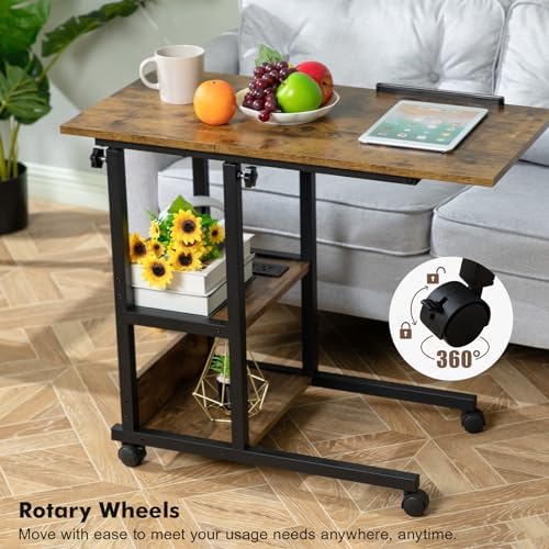Hadulcet Adjustable C Table with Charging Station, Tiltable Desk C Shaped End Table for Couch, Over Bed Table with Wheels Adjustable Height, Hospital Table Laptop Stand Drawing Desk, Rustic Brown - Image 3