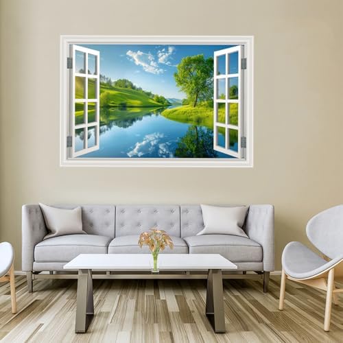 Fake Window Wall Decal- Lake Green Tree Grassland Open Wall Art Sticker | Faux Window Natural Scenery Landscape Mural｜ Stick and Peel Wall Decals｜for Room Bedroom Office Decor｜48"x32",Set of 2 Sheets - Image 5