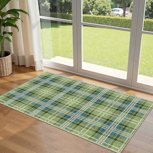 Front Door Mat Indoor Entrance - 2x4.3 Green Teal Tartan Plaid Rug by Othilic