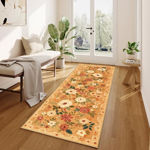 DUKINO 2x10 Runner Rug, Floral Washable Kitchen Runner Rug Non Slip, Orange - Image 2