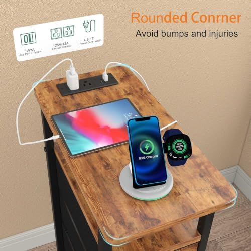 sthmec Side Table with Charging Station, Narrow End Table with 4 Drawers, LED Nightstands with Fabric Drawers,Slim Sofa Couch Side Tables for Small Spaces,Living Room,Bedroom,Rustics Brown - Image 4