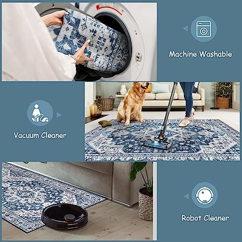 Moynesa Ultra-Thin Washable Vintage Area Rug - 4x6 Living Room Rug for Bedroom Office, Low Pile Non Slip Oriental Laundry Bathroom Mat Indoor Floor Carpet for Entrance Kitchen Mudroom - Image 4