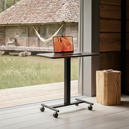 HUANUO Small Rolling Laptop Standing Desk, Height Adjustable Mobile T-Base Desk with Lockable Casters, Portable Sit-Stand Workstation for Bedside & Sofa, Walnut (Pack of 2) - Image 2