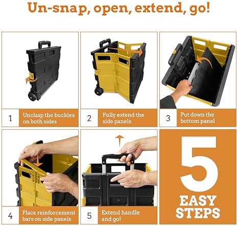 Inspired Living Ultra-Slim Rolling Collapsible Storage Pack-N-Roll Utility-carts, with Telescopic Handle, for Home, Garden, Shopping, Office, School use, Medium, Yellow & Black - Image 6