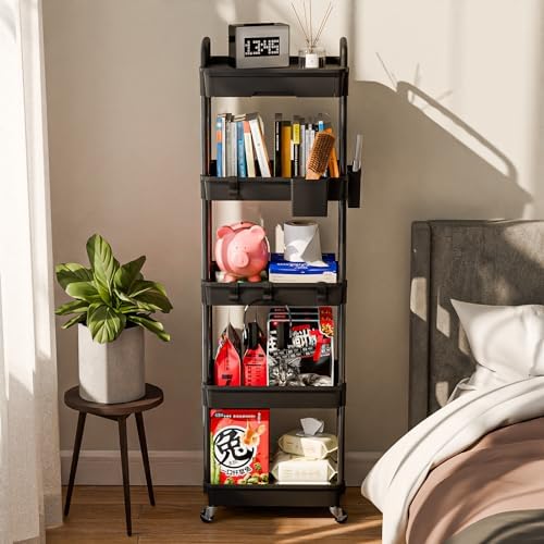 Sorgion 5 Tier Rolling Cart Organizer,Bathroom Cart Organizers with Wheels Laundry Room Organization Mobile Shelving Unit Utility Cart Storage Shelves Multi-Functional for Office, Home(Black) - Image 2