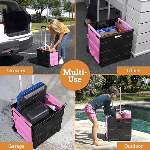 Inspired Living Ultra-Slim Rolling Collapsible Storage Pack-N-Roll Utility-carts, with Telescopic Handle, for Home, Garden, Shopping, Office, School use, Medium, Pink & Black - Image 5