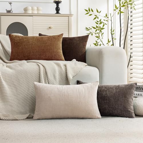 Set of 4 Soft Textured Decorative Throw Pillow Covers 12X20 Inch Cozy Farmhouse Cushion Cover Square Accent Pillow Cases for Bed Couch Sofa Living Room, Beige Taupe Brown by Cozoomy